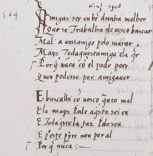 A manuscript from Cancioneiro da Biblioteca Nacional
      [1525-1526] in Biblioteca Nacional de Portugal, representing
      song lyrics and the beginning of a chorus. On the last line
      visible in this image, a marking of three dots and a line,
      , indicates that the rest of the chorus should follow
      after this point.